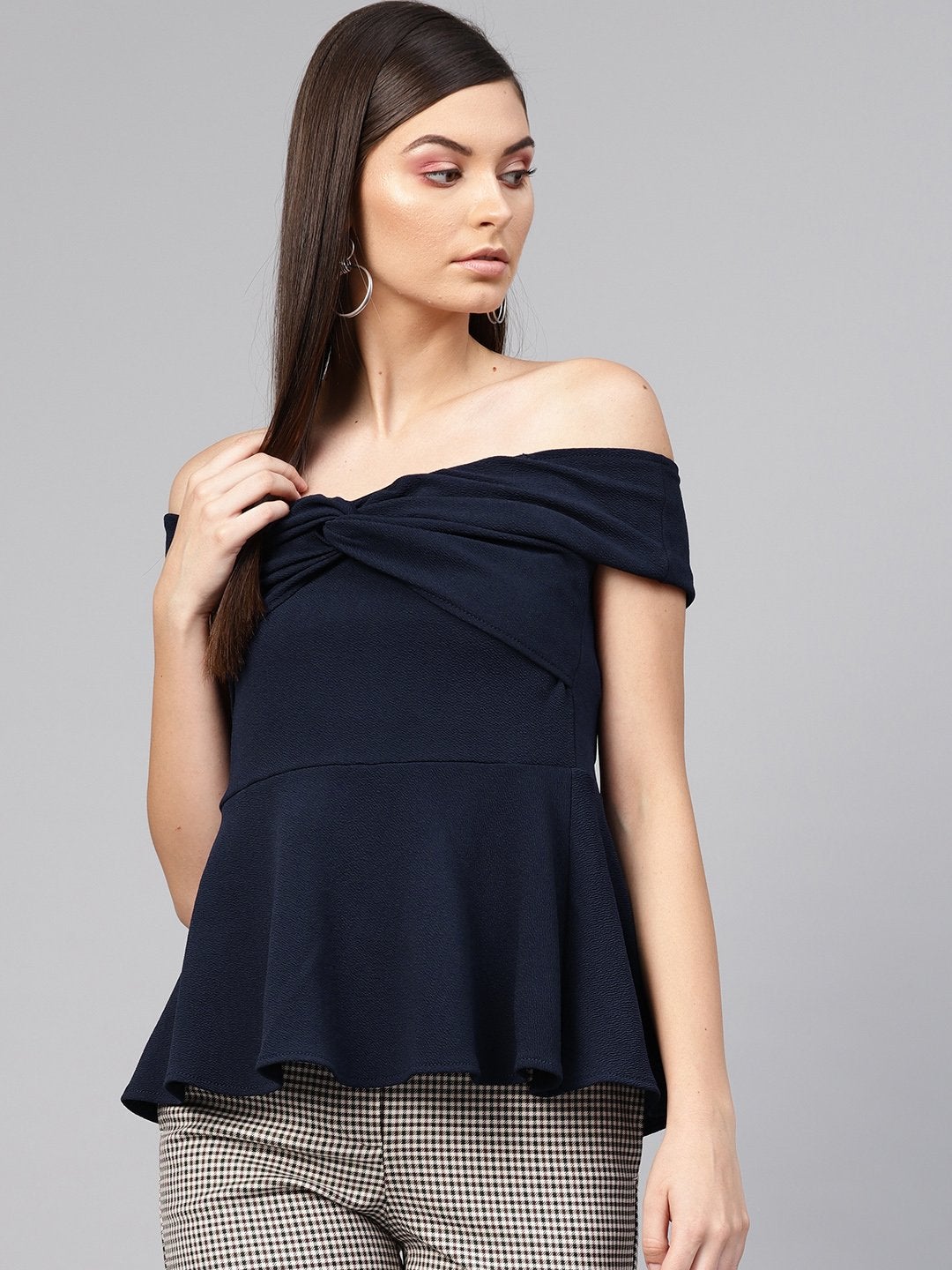 Women's Navy Bardot Peplum Top - SASSAFRAS