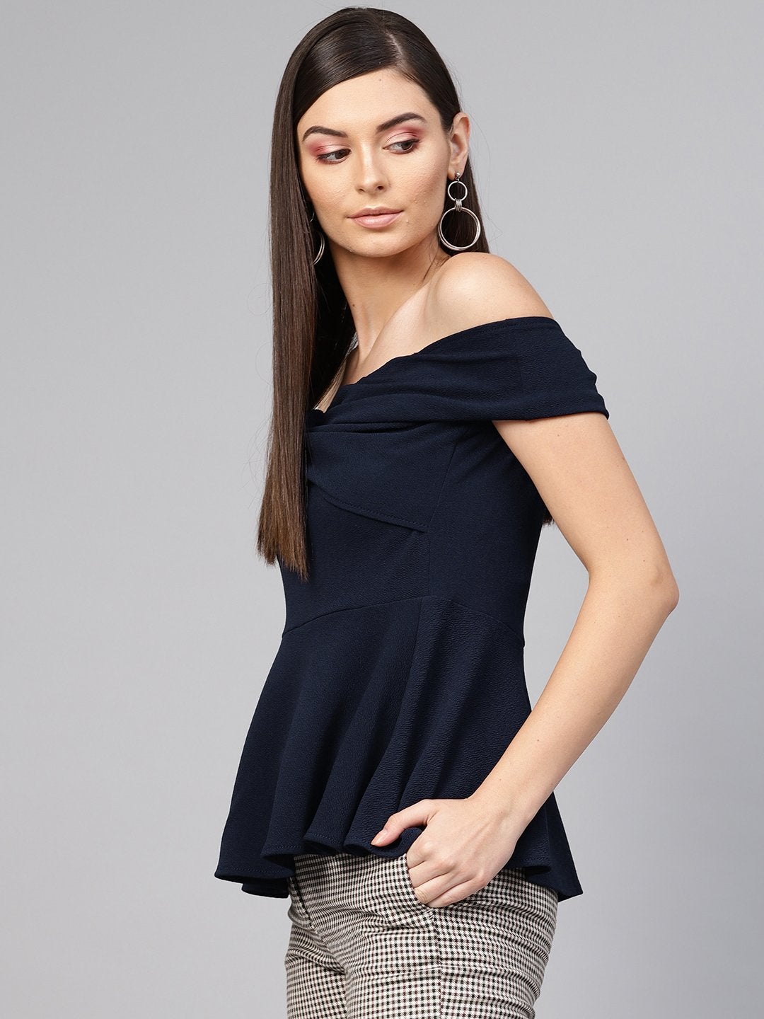 Women's Navy Bardot Peplum Top - SASSAFRAS