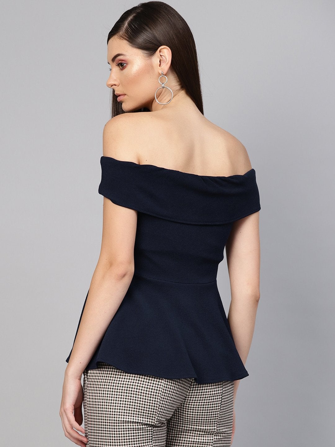 Women's Navy Bardot Peplum Top - SASSAFRAS