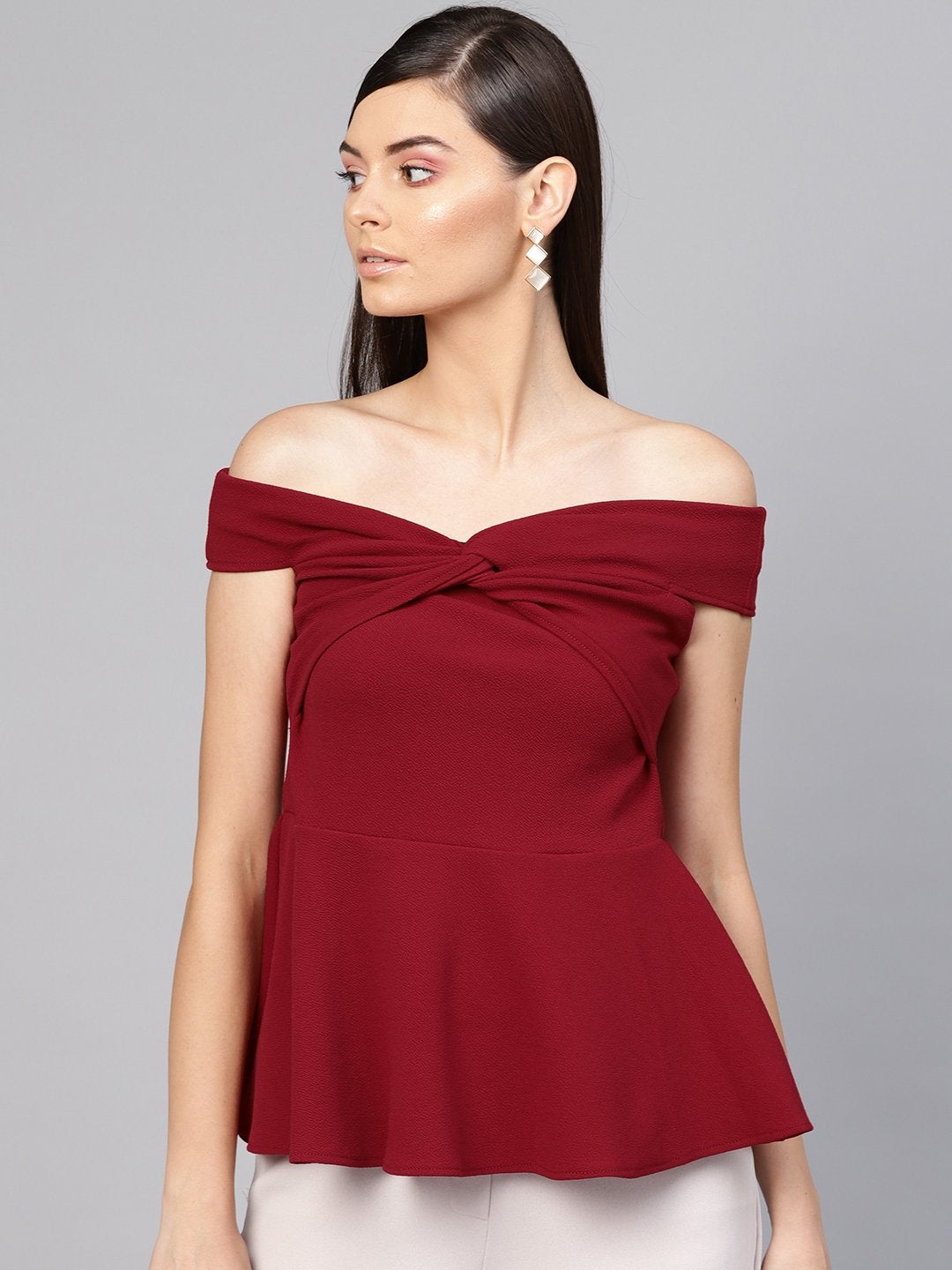 Women's Maroon Bardot Peplum Top - SASSAFRAS