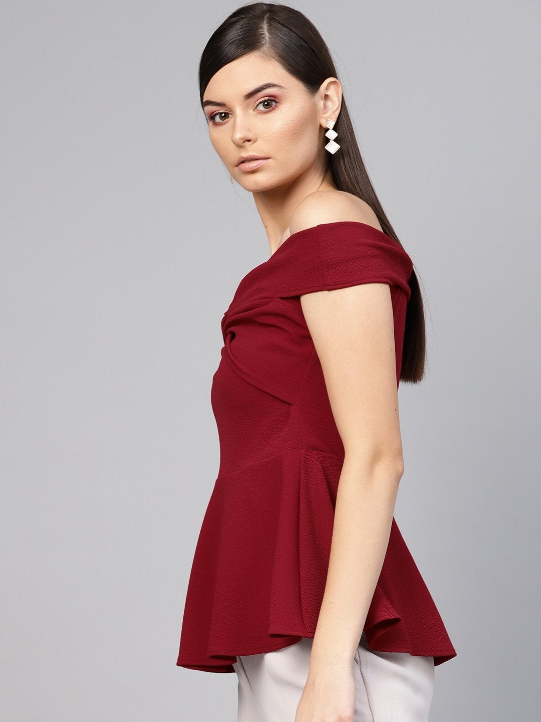 Women's Maroon Bardot Peplum Top - SASSAFRAS