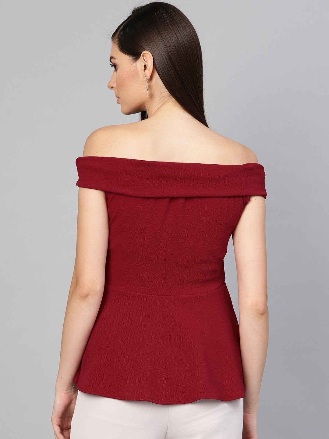 Women's Maroon Bardot Peplum Top - SASSAFRAS