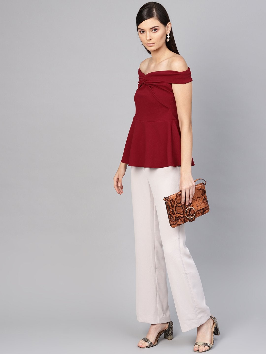 Women's Maroon Bardot Peplum Top - SASSAFRAS