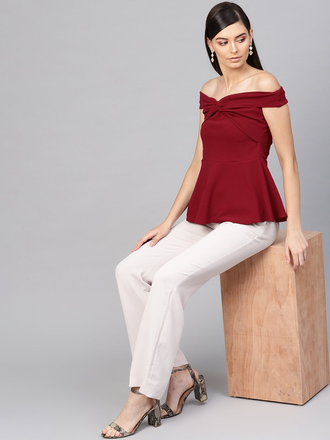 Women's Maroon Bardot Peplum Top - SASSAFRAS