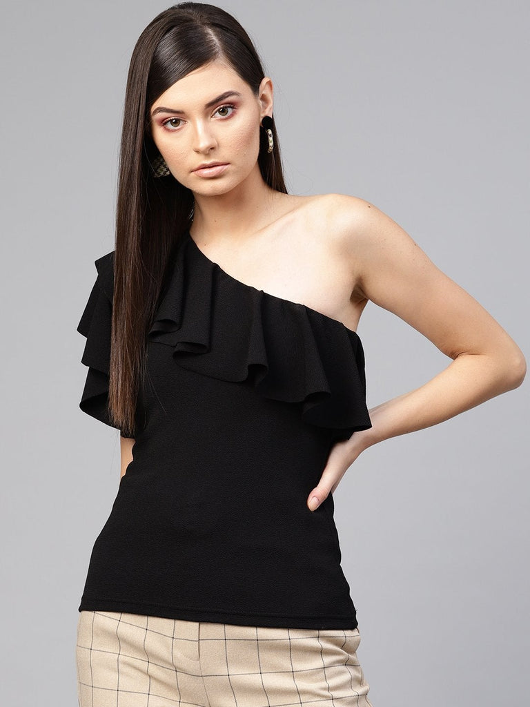 Women's Black One Shoulder Ruffle Top