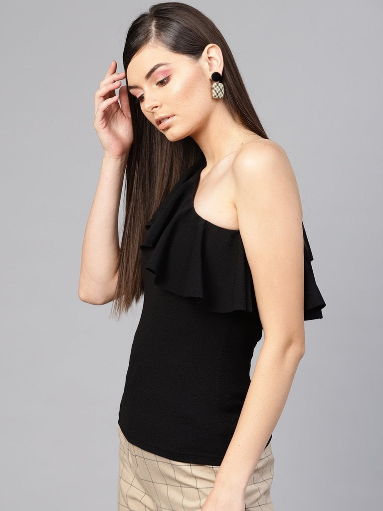Women's Black One Shoulder Ruffle Top
