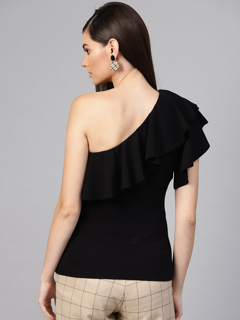 Women's Black One Shoulder Ruffle Top