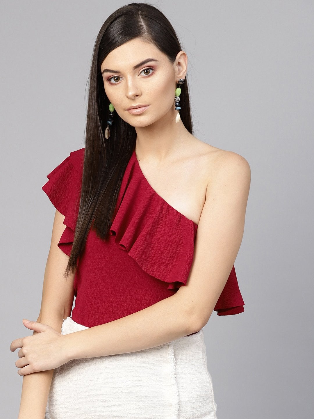 Women's Maroon One Shoulder Ruffle Top - SASSAFRAS