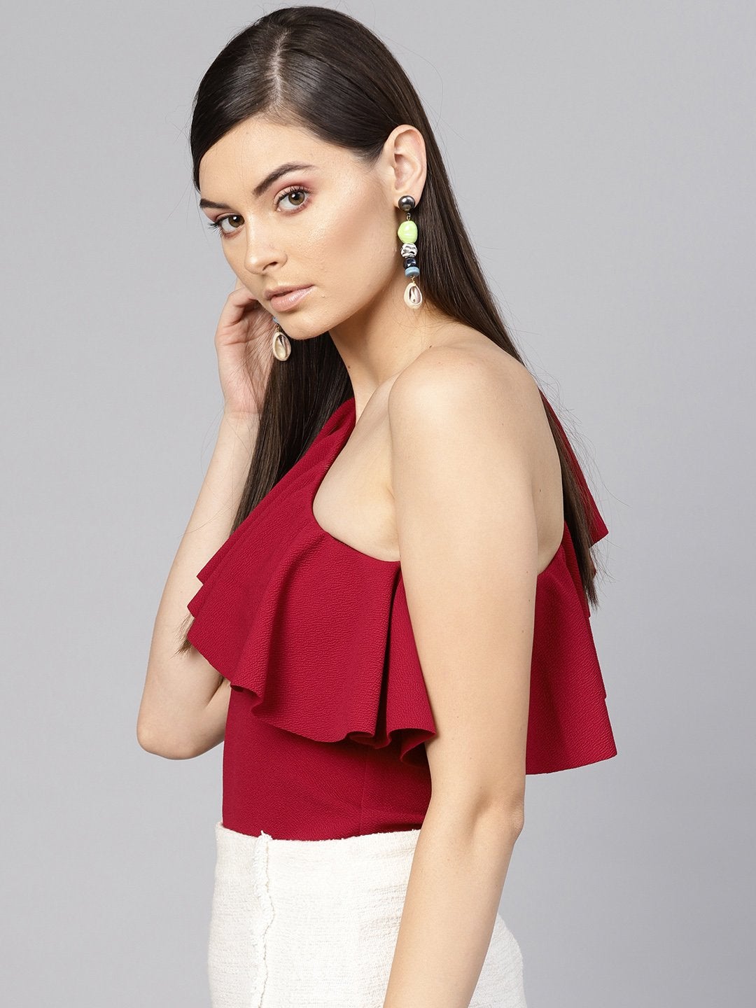 Women's Maroon One Shoulder Ruffle Top - SASSAFRAS