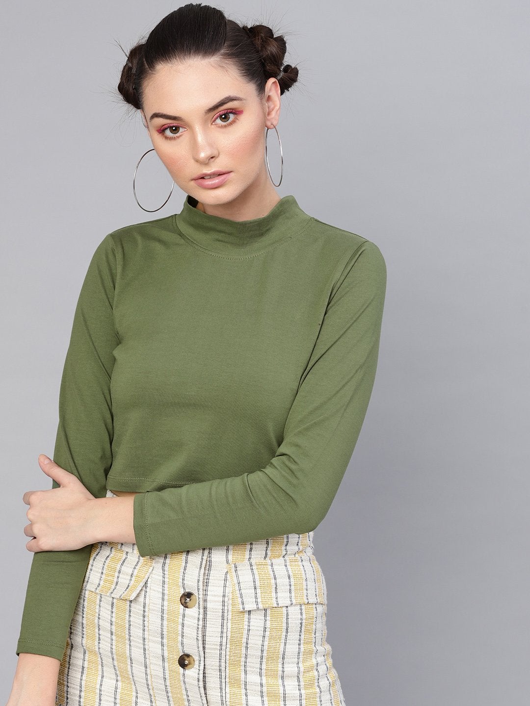 Women's Olive Turtle Neck Crop Top - SASSAFRAS