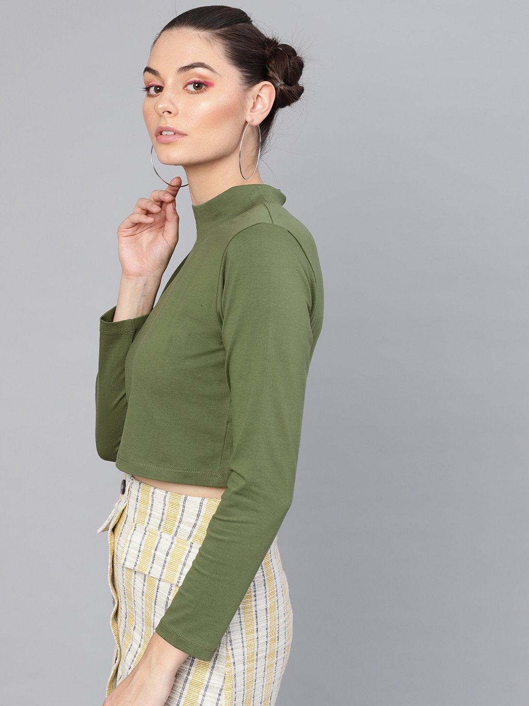 Women's Olive Turtle Neck Crop Top - SASSAFRAS