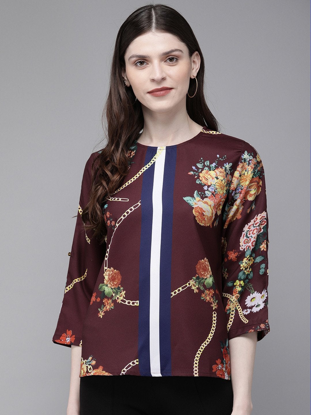 Women's Burgundy Floral Placement Print Top - SASSAFRAS