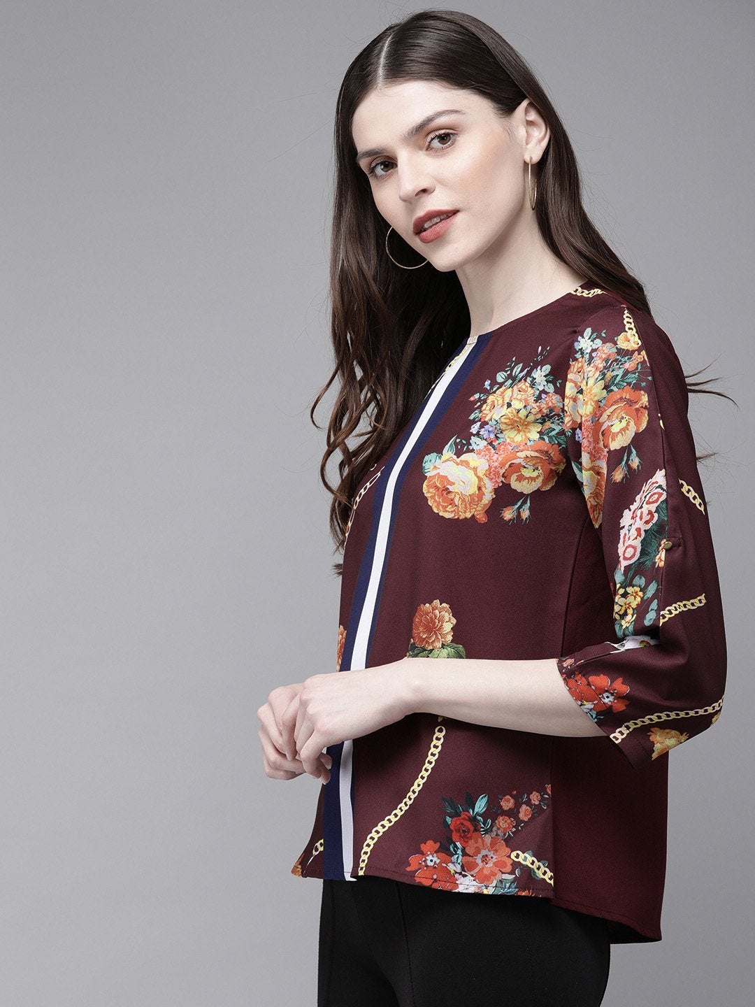 Women's Burgundy Floral Placement Print Top - SASSAFRAS