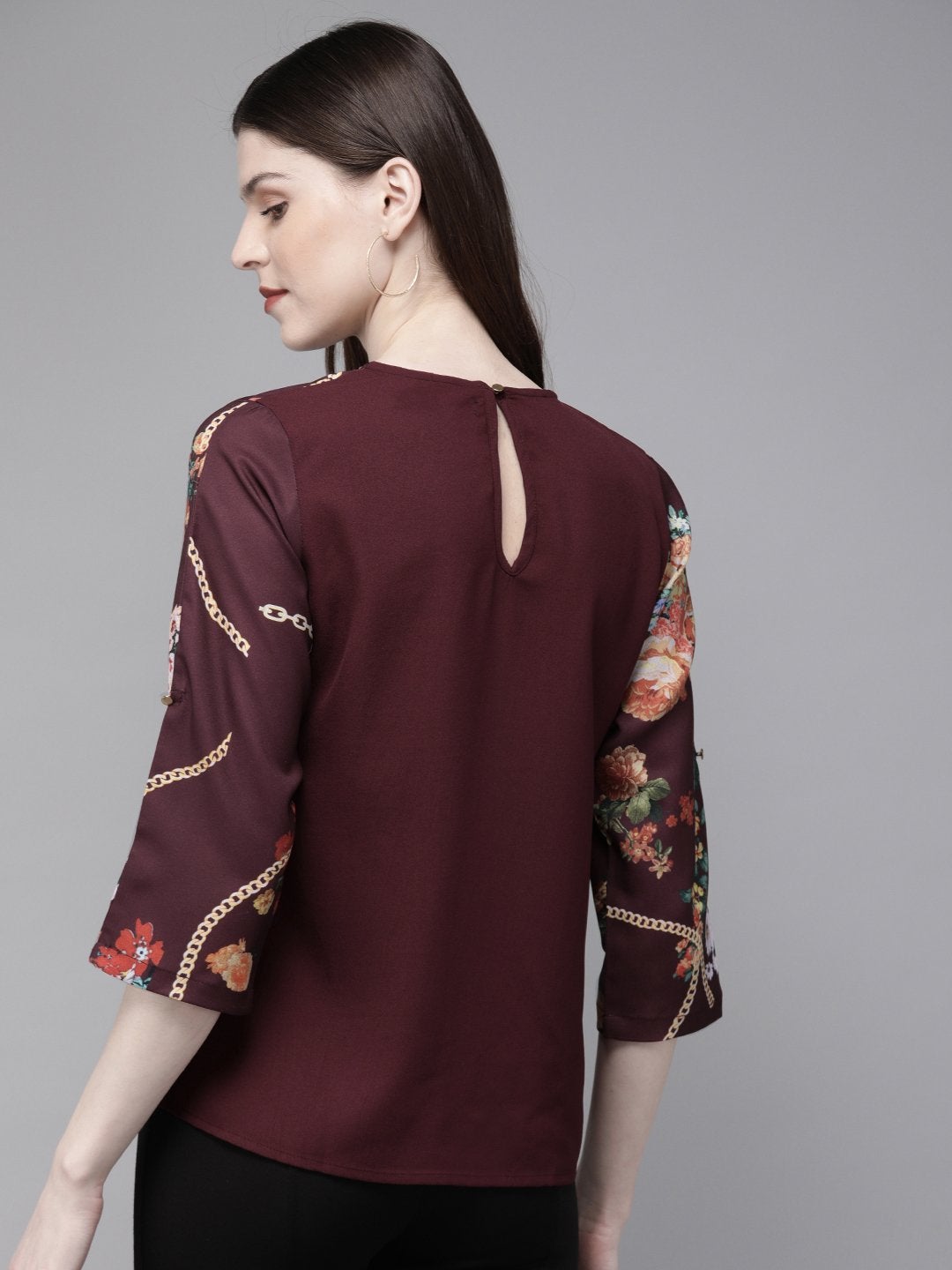 Women's Burgundy Floral Placement Print Top - SASSAFRAS