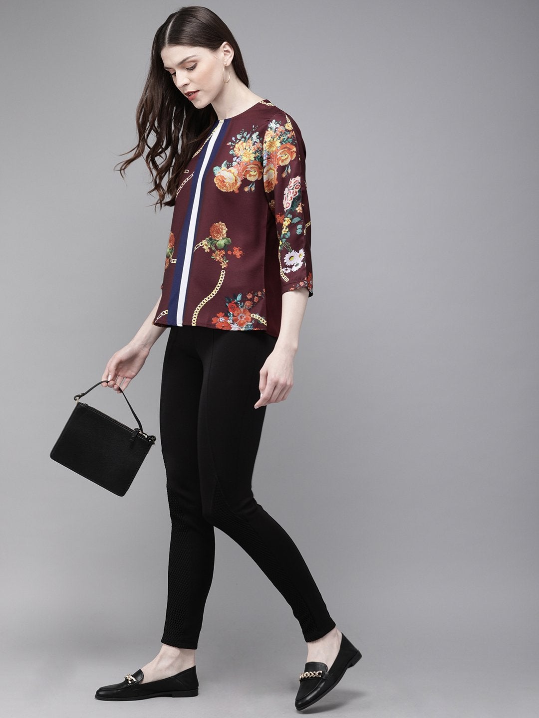 Women's Burgundy Floral Placement Print Top - SASSAFRAS