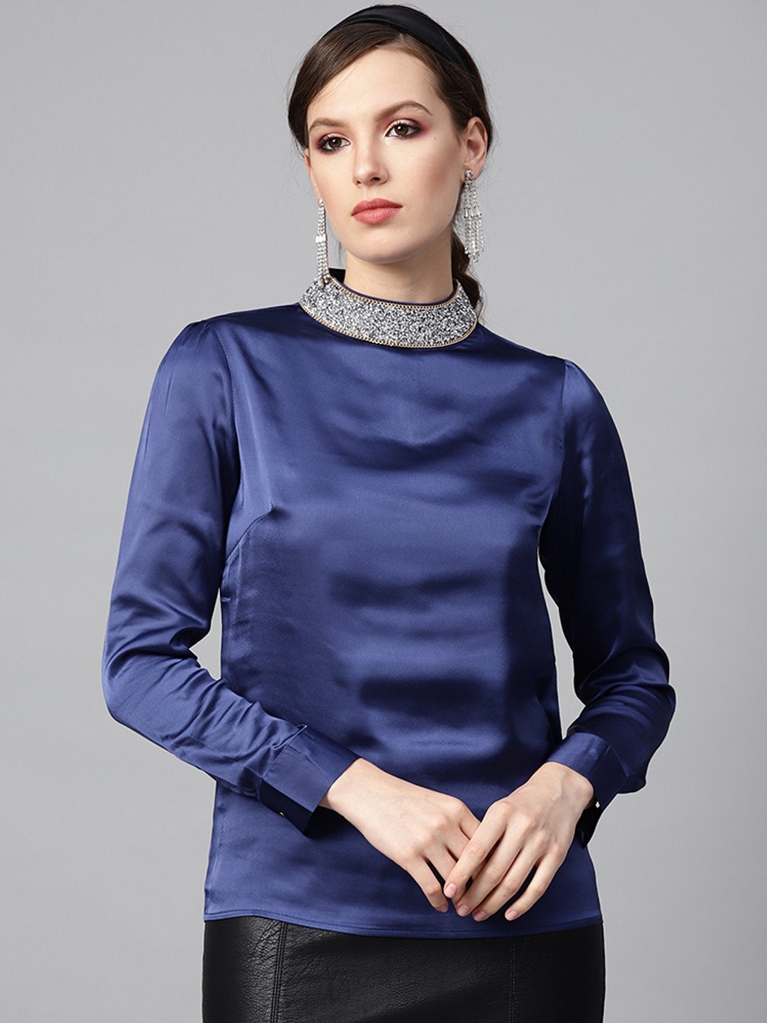 Women's Blue Satin Blingy Neck Top - SASSAFRAS