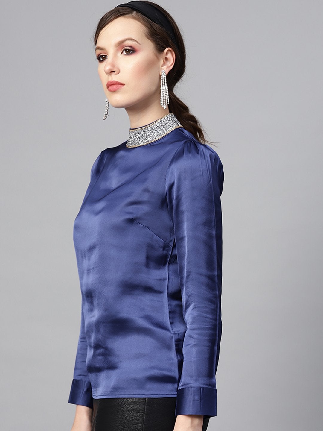 Women's Blue Satin Blingy Neck Top - SASSAFRAS