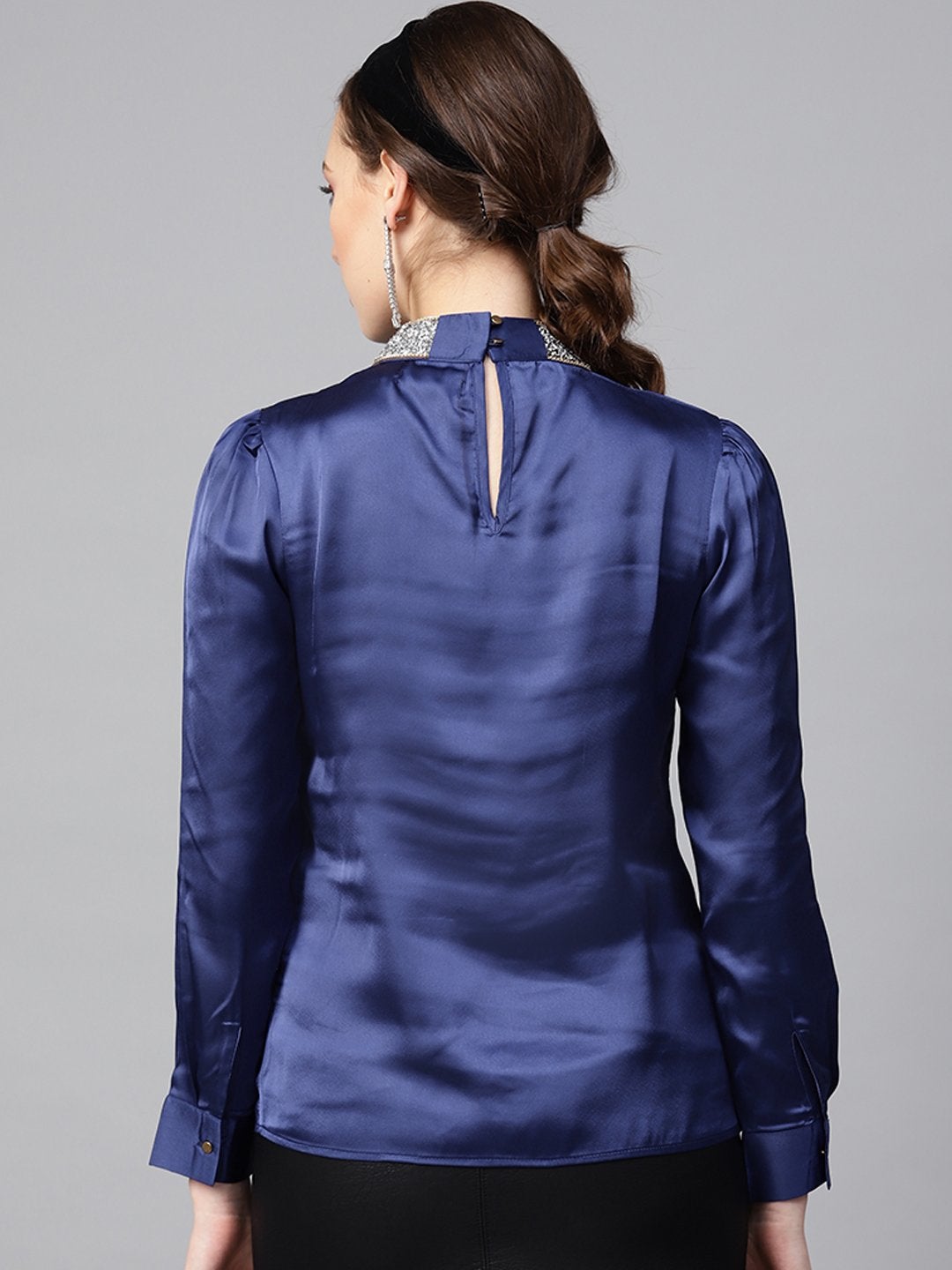 Women's Blue Satin Blingy Neck Top - SASSAFRAS