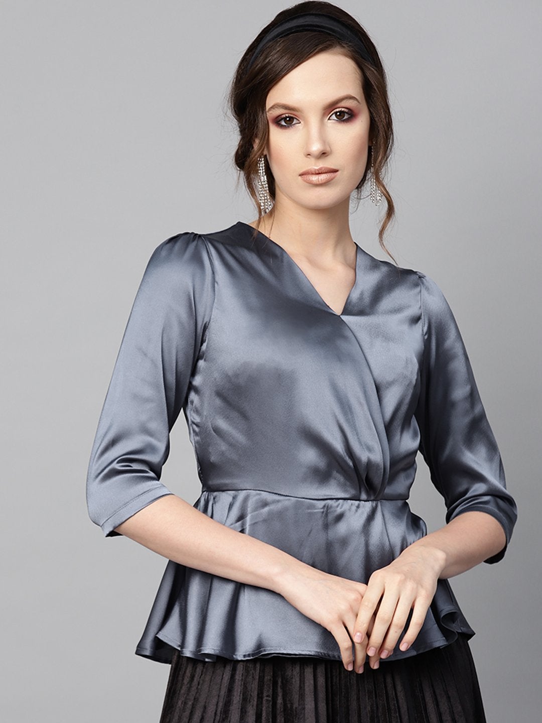 Women's Grey Satin Peplum Wrap Top - SASSAFRAS