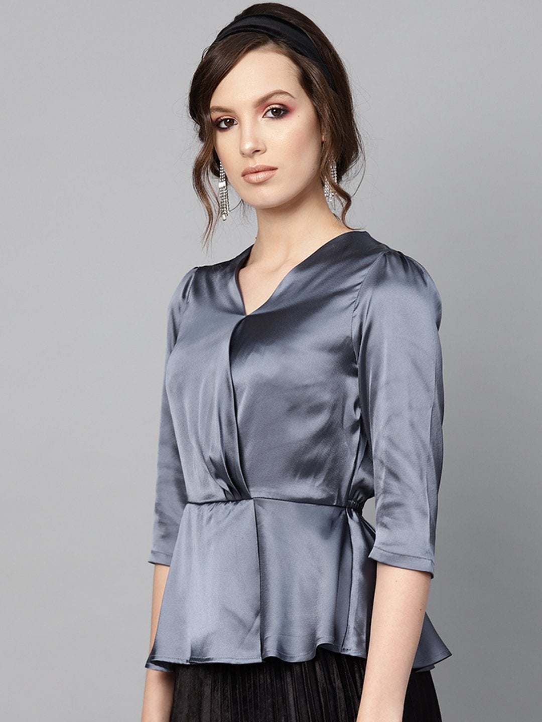 Women's Grey Satin Peplum Wrap Top - SASSAFRAS