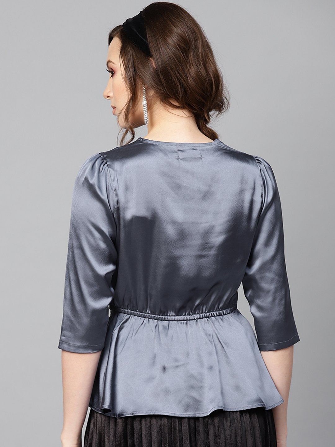 Women's Grey Satin Peplum Wrap Top - SASSAFRAS