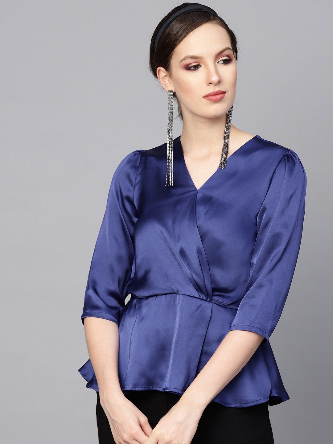 Women's Blue Satin Peplum Wrap Top - SASSAFRAS