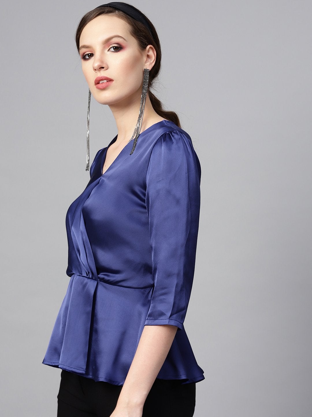 Women's Blue Satin Peplum Wrap Top - SASSAFRAS