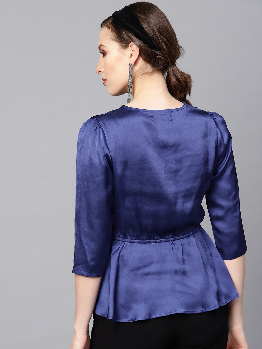 Women's Blue Satin Peplum Wrap Top - SASSAFRAS