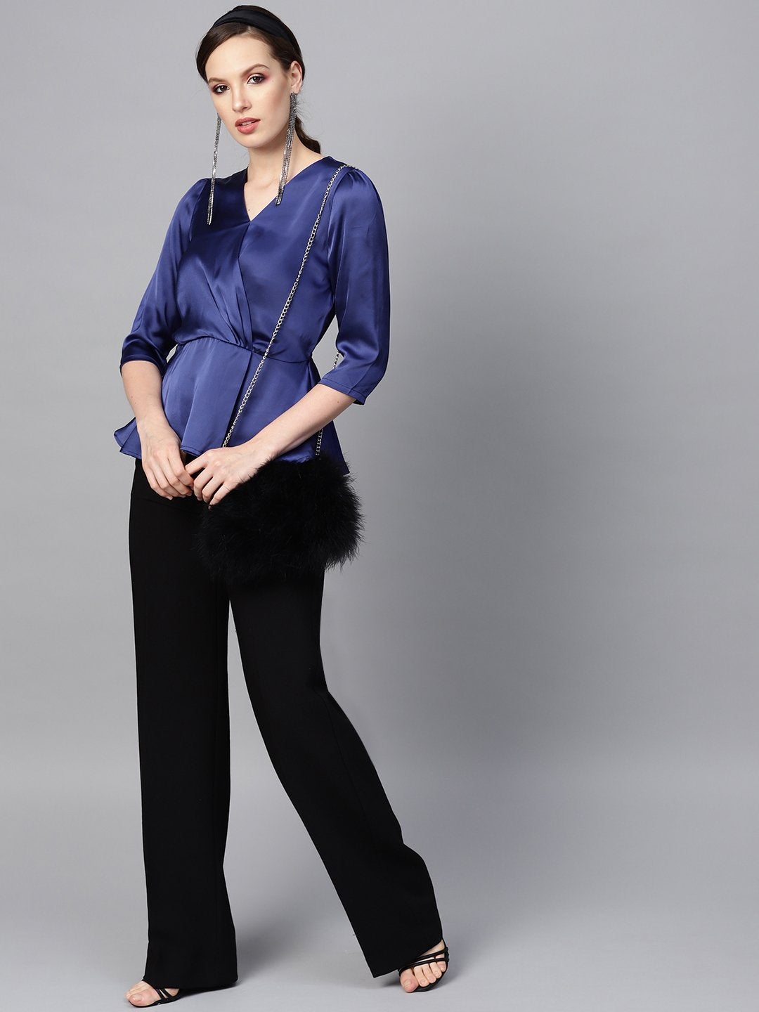 Women's Blue Satin Peplum Wrap Top - SASSAFRAS