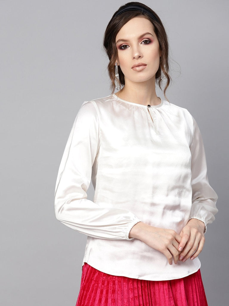 Women's Ivory Satin Front Key Hole Blouse