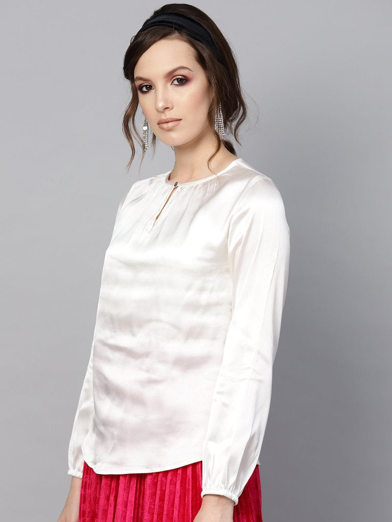 Women's Ivory Satin Front Key Hole Blouse