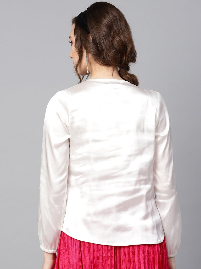 Women's Ivory Satin Front Key Hole Blouse
