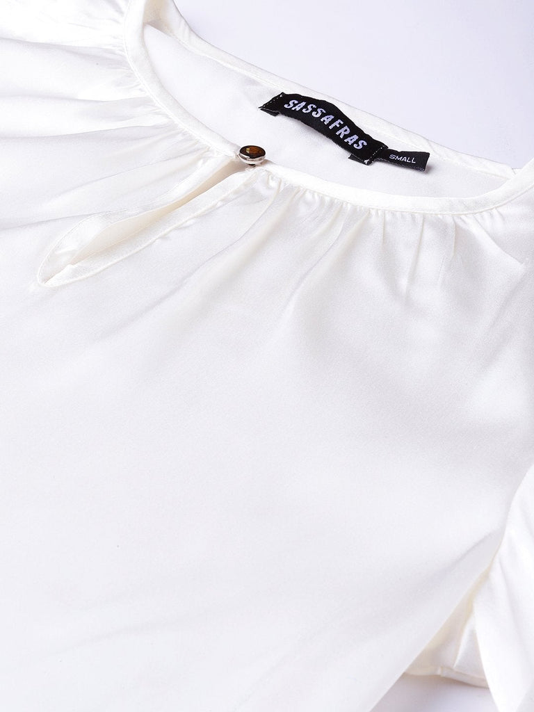 Women's Ivory Satin Front Key Hole Blouse