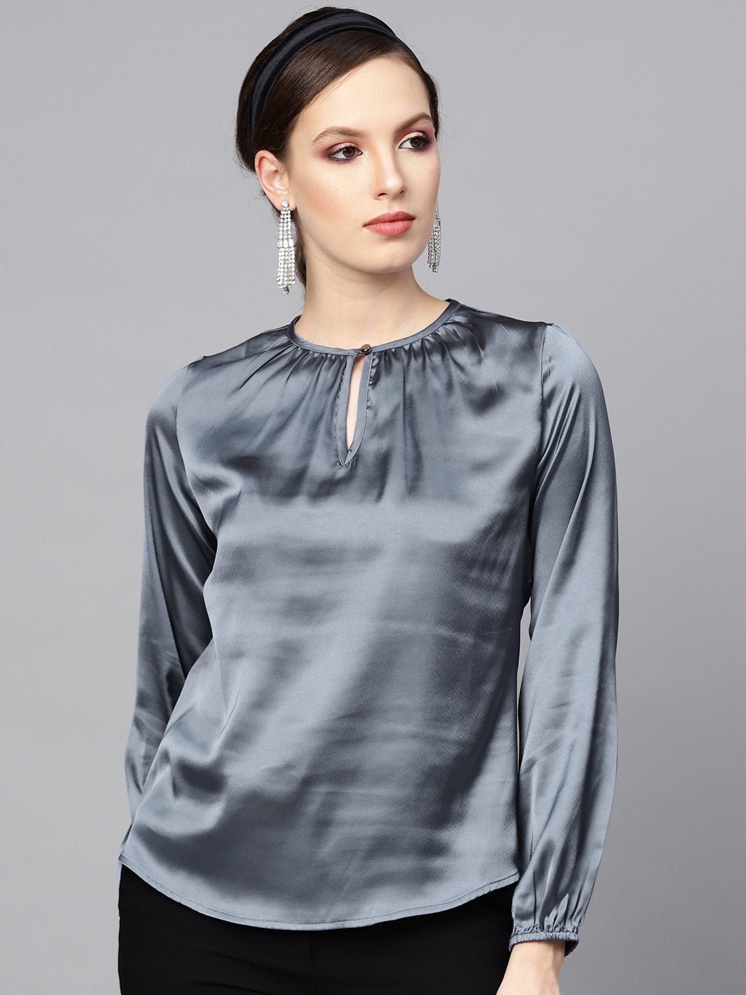 Women's Grey Satin Front Key Hole Blouse
