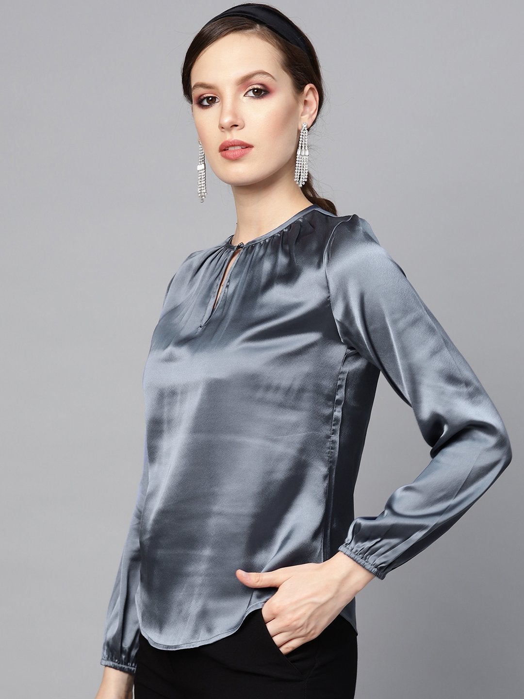 Women's Grey Satin Front Key Hole Blouse