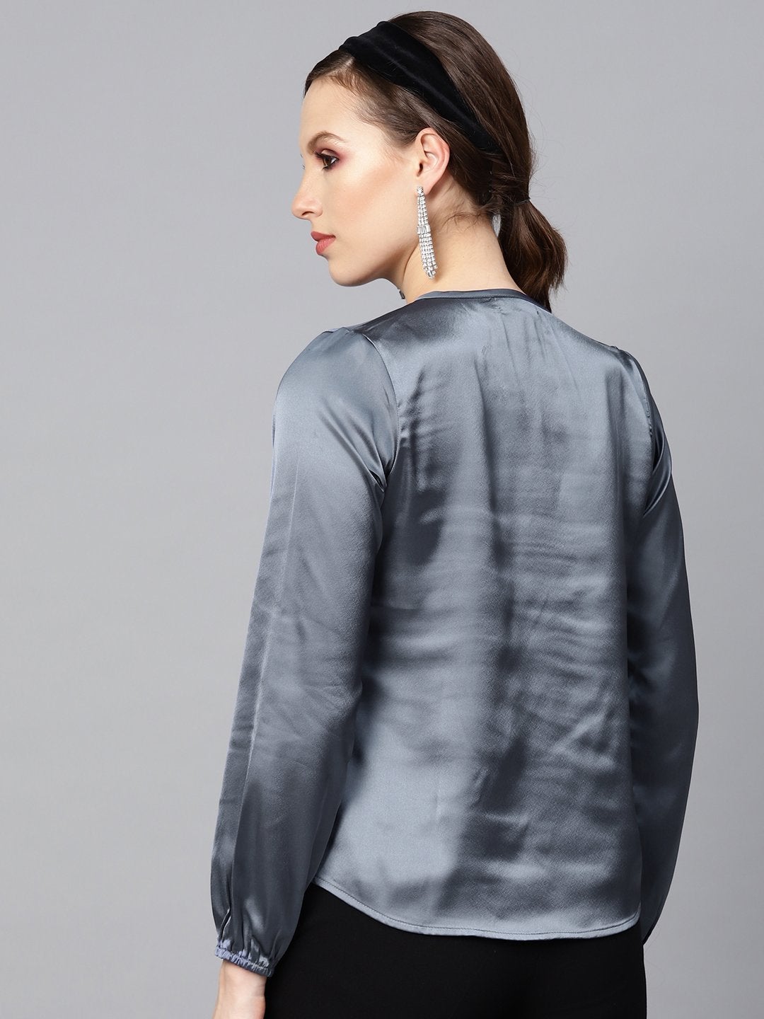 Women's Grey Satin Front Key Hole Blouse