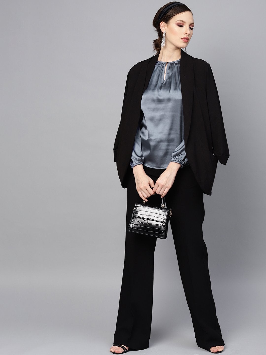 Women's Grey Satin Front Key Hole Blouse