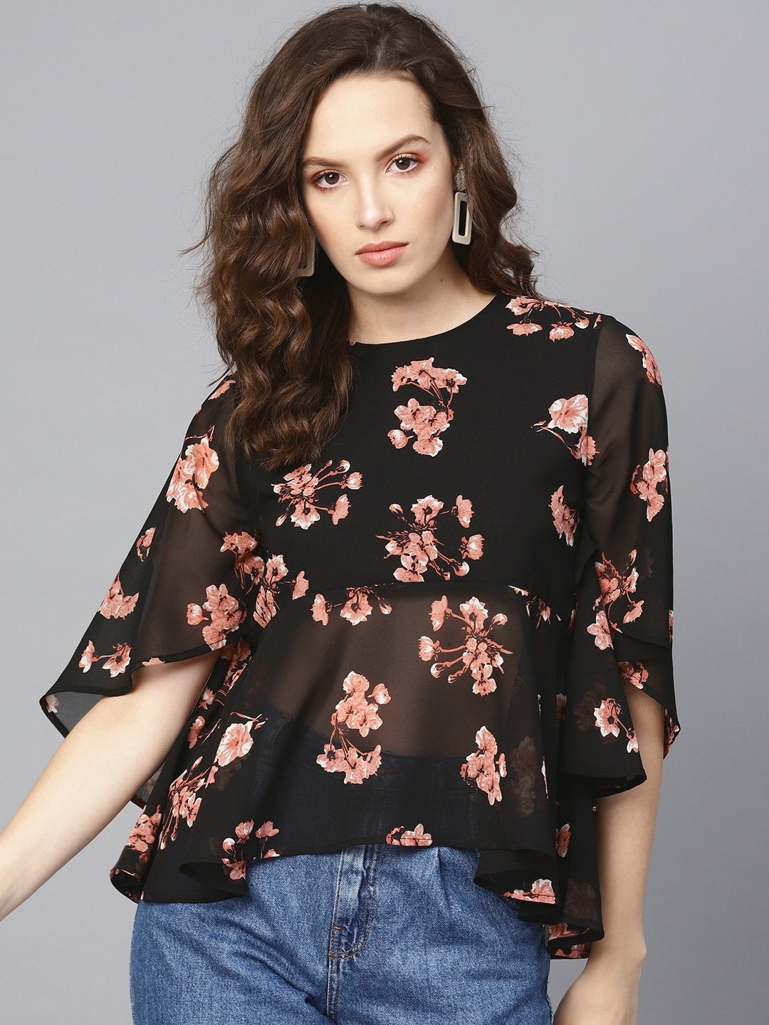 Women's Black Floral Flared Sleeve Top - SASSAFRAS