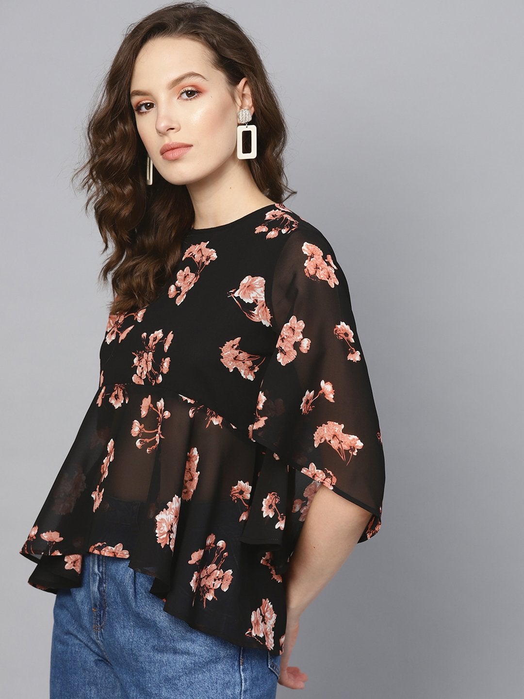 Women's Black Floral Flared Sleeve Top - SASSAFRAS