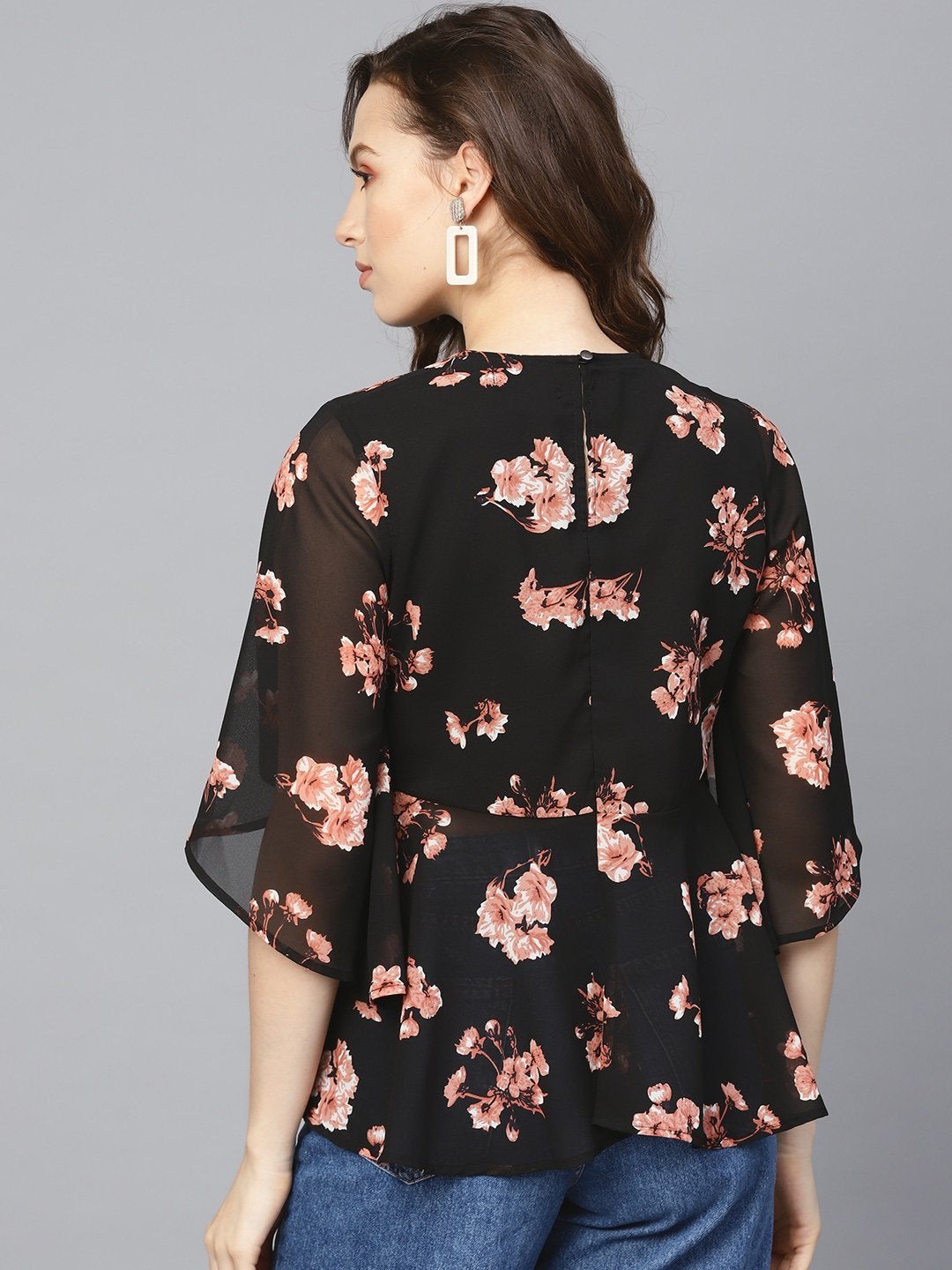 Women's Black Floral Flared Sleeve Top - SASSAFRAS