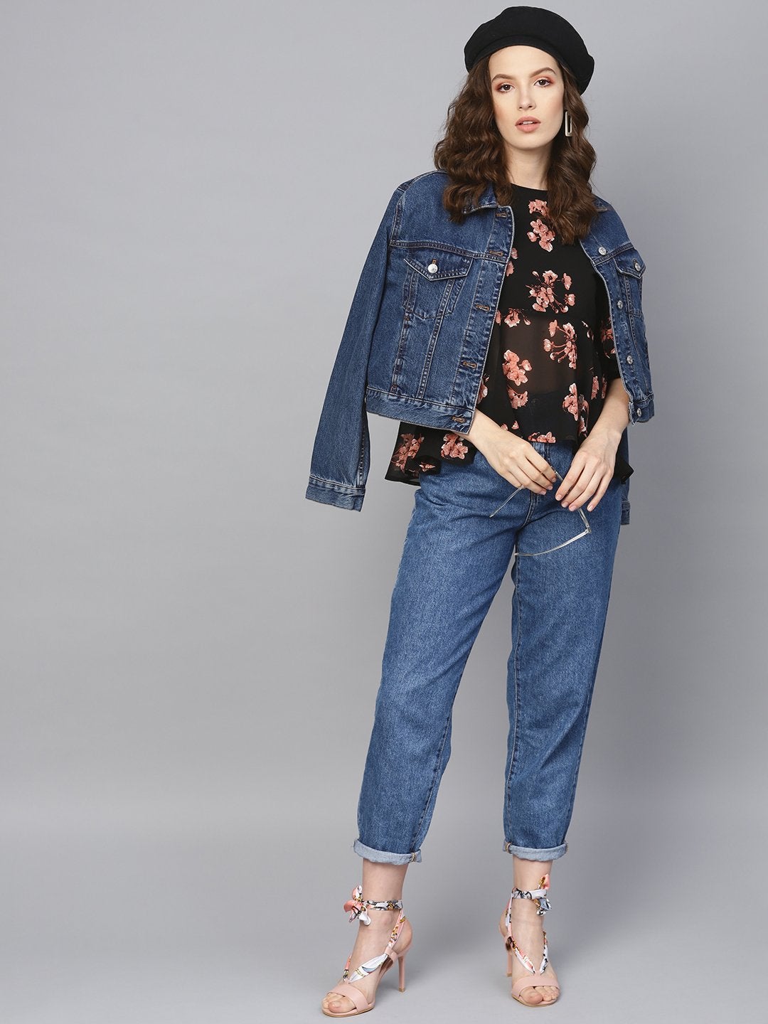 Women's Black Floral Flared Sleeve Top - SASSAFRAS