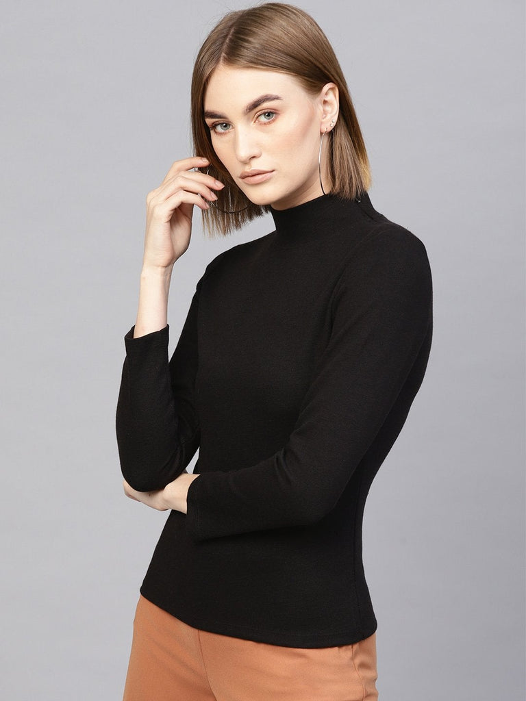 Women's Black High Neck Rib Top