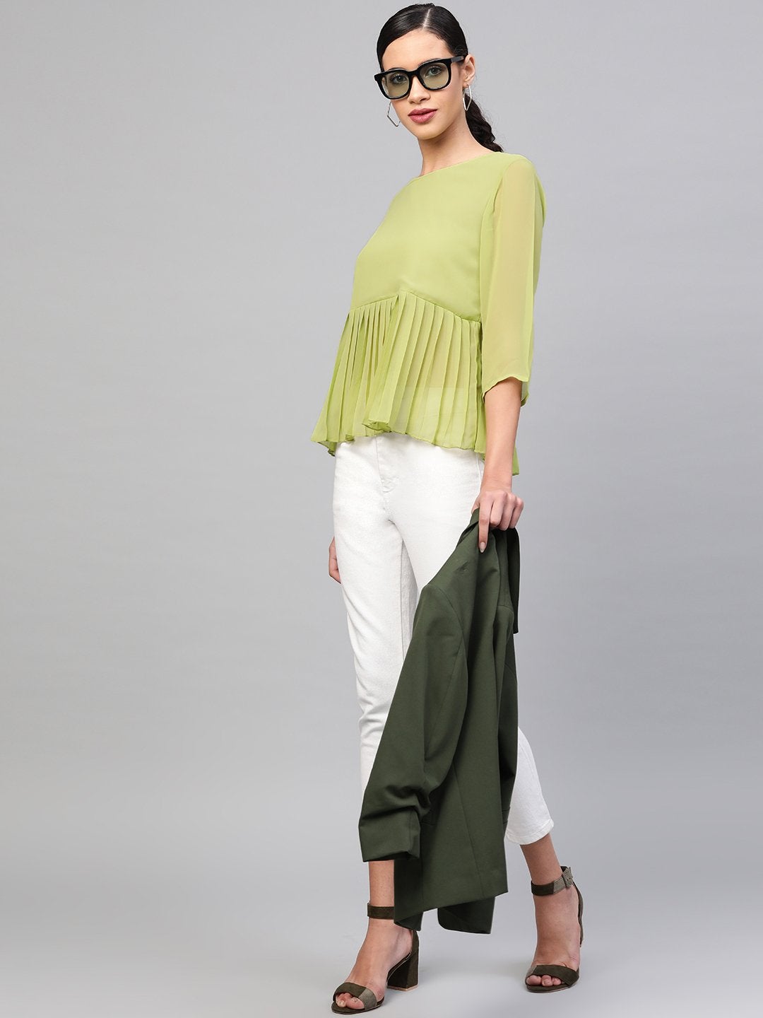 Women's Mint Green Pleated Peplum Top - SASSAFRAS