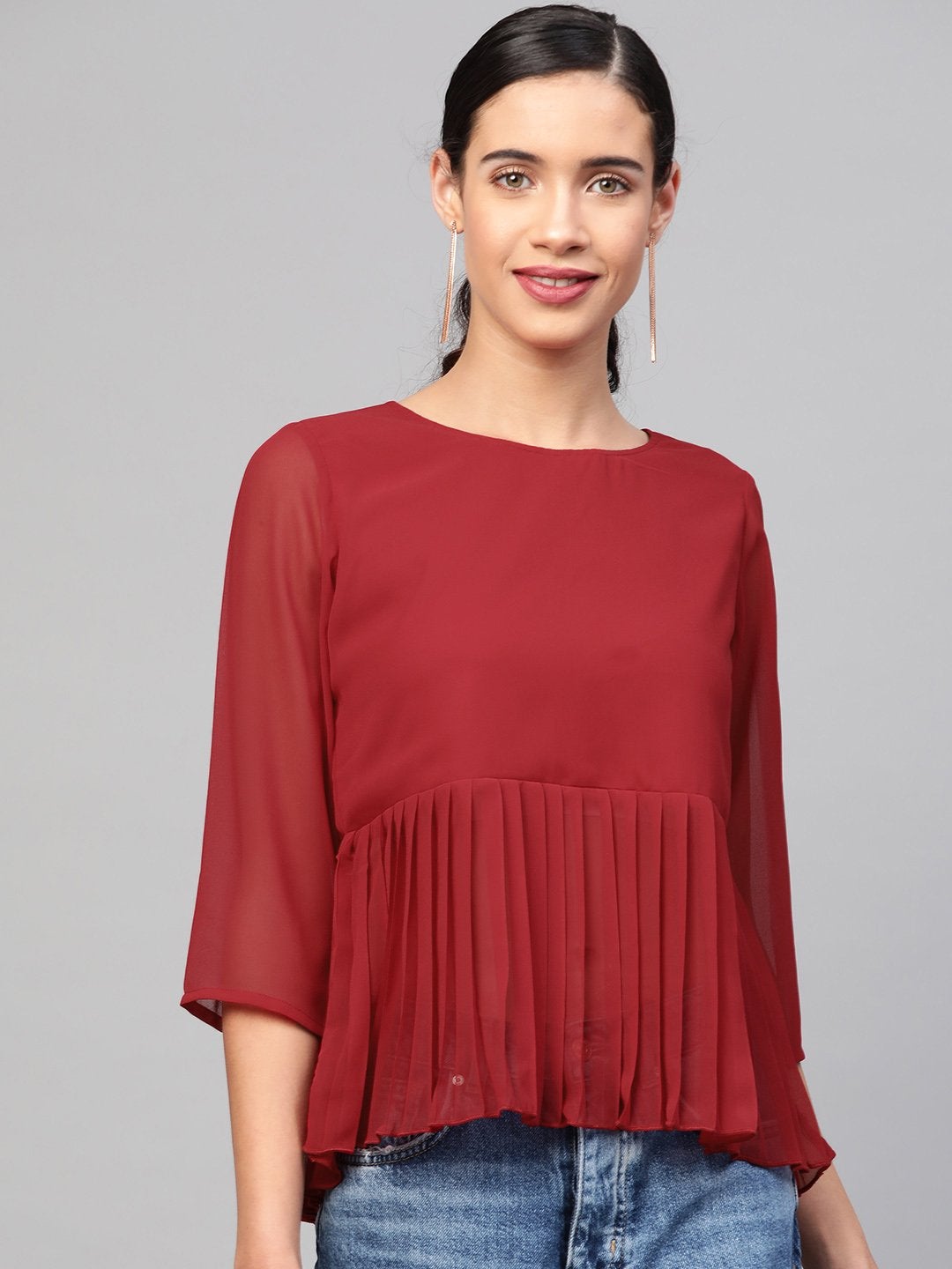 Women's Red Pleated Peplum Top - SASSAFRAS