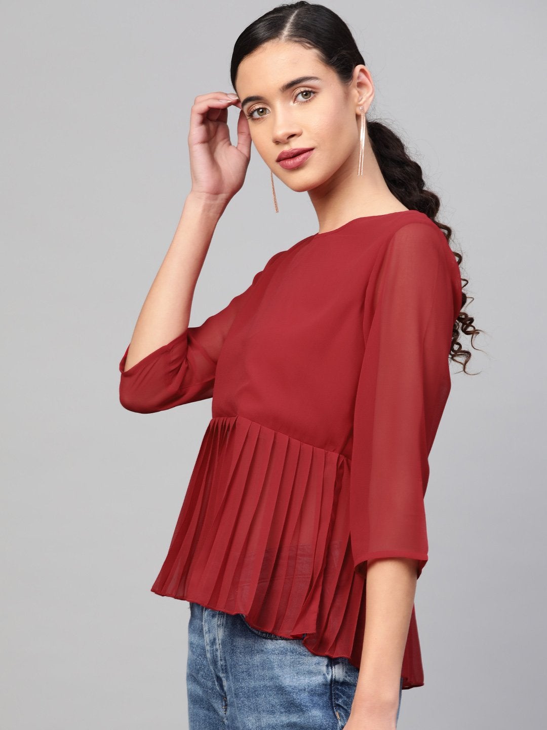 Women's Red Pleated Peplum Top - SASSAFRAS