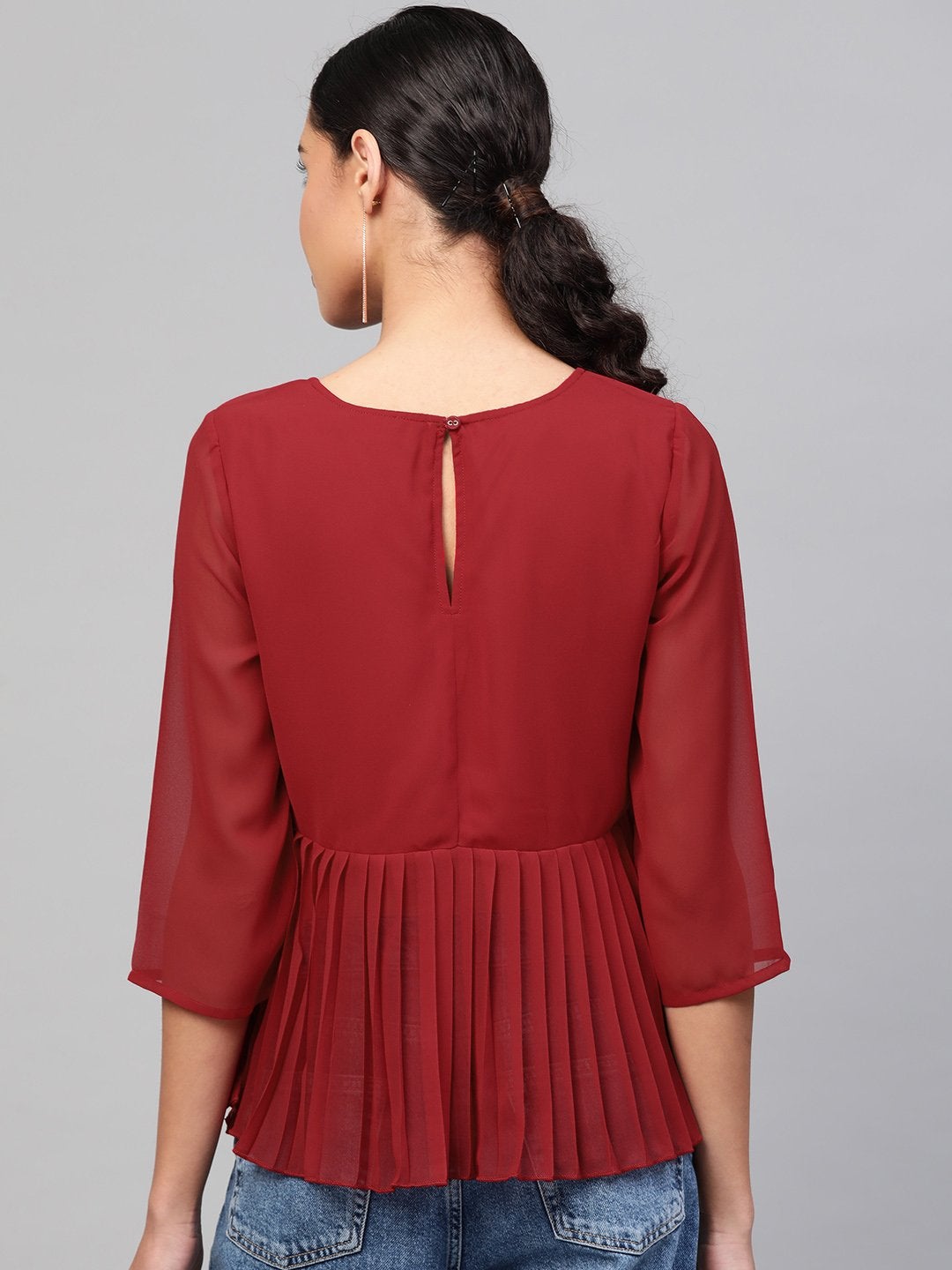 Women's Red Pleated Peplum Top - SASSAFRAS