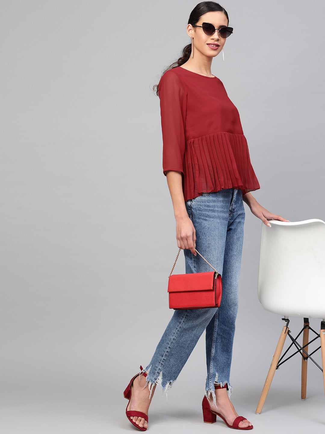 Women's Red Pleated Peplum Top - SASSAFRAS