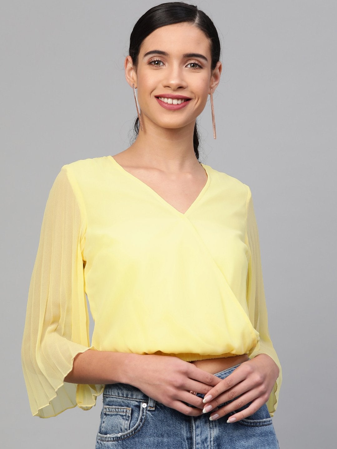 Women's Lemon Pleated Sleeve Crop Top - SASSAFRAS