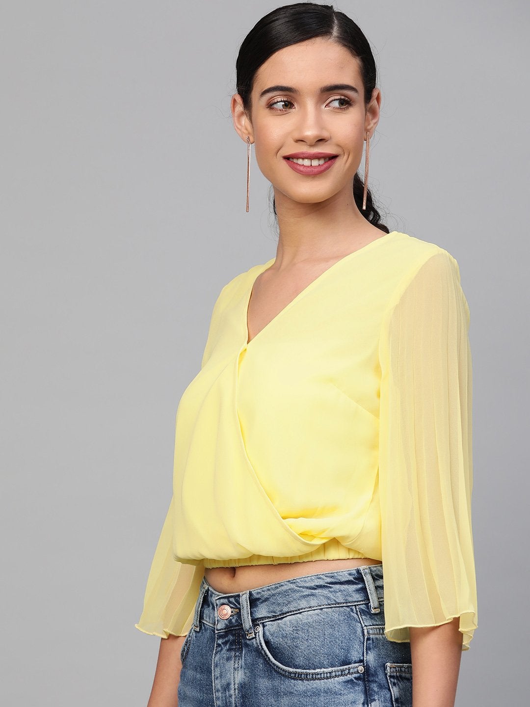 Women's Lemon Pleated Sleeve Crop Top - SASSAFRAS