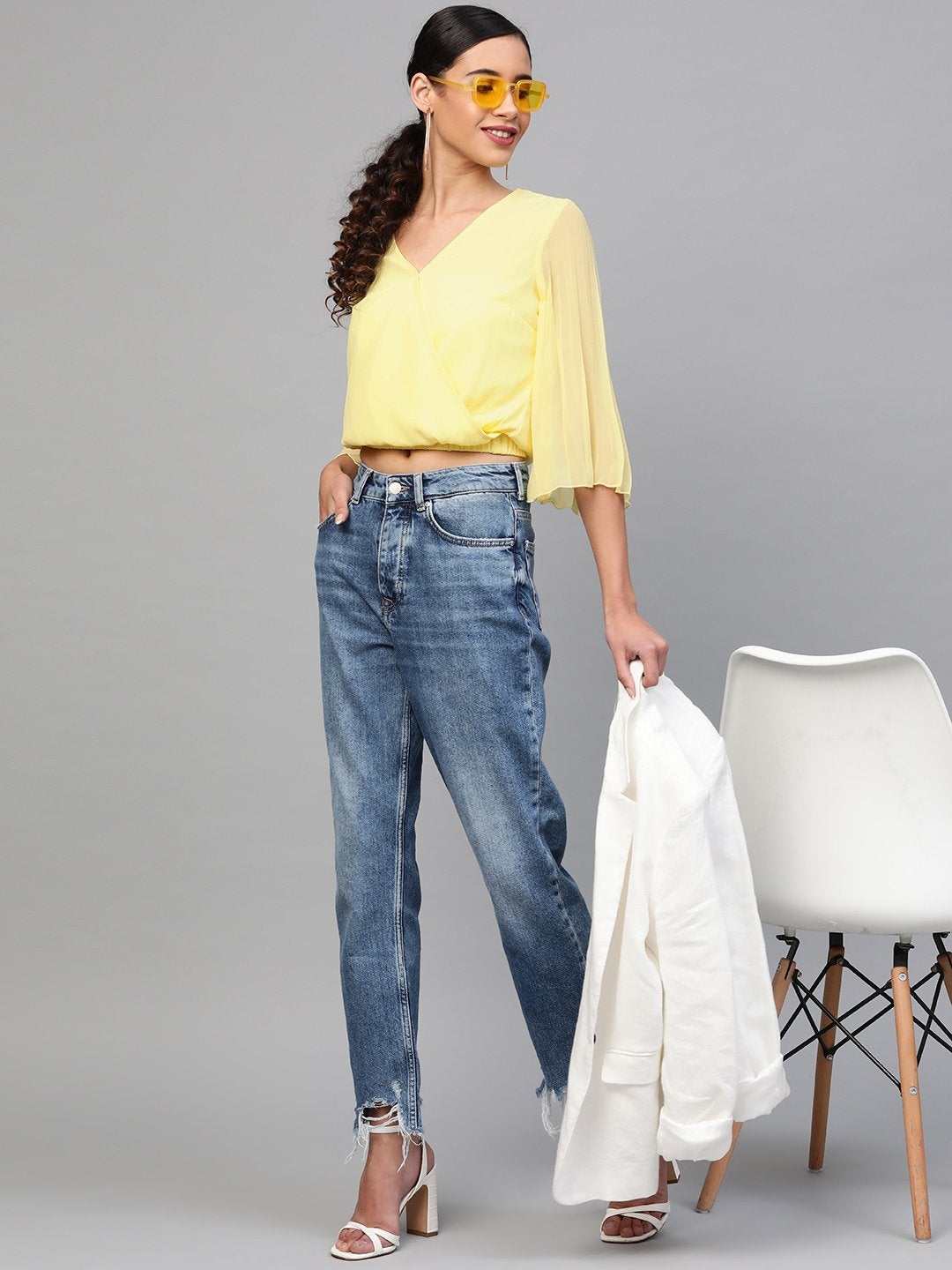 Women's Lemon Pleated Sleeve Crop Top - SASSAFRAS